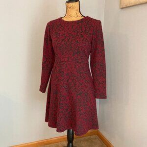 Loft Petites 6P Floral A Line Midi Dress Jacquard Maroon Black Long Sleeves